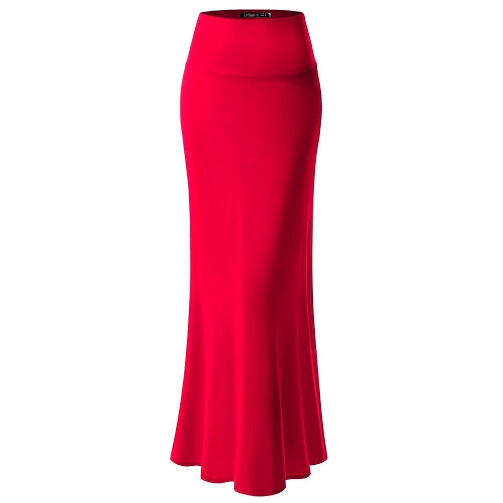2688 Basic Foldable High Waist Regular and Plus Size Maxi Skirts Red